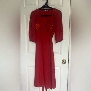 Madewell Red Coral 3/4 Length Sleeve Wrap Dress with Floral Embroidery Sz XS